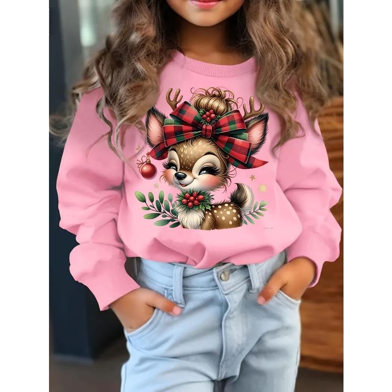 Kids Sweatshirt Christmas Sweatshirt with a Bow And Deer Print, a New Stylish And Versatile Round-Neck Thin Design for Spring And Autumn