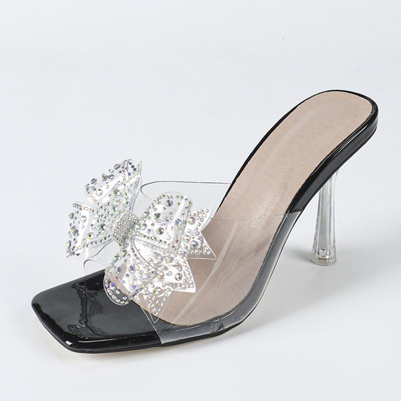 PVC Transparent Slippers For Woman Crystal Rhinestone Bowknot High Heels Clear Sandals Fashion Square Toe Party Prom Shoes