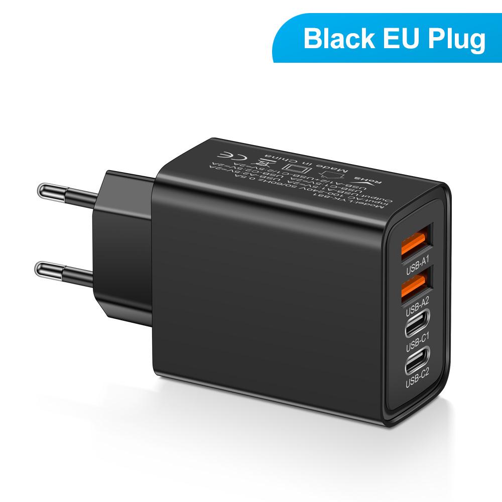 2.4A Multi-port Charger: Dual Type-C PD + Dual USB for Mobile Phones, Travel-Ready