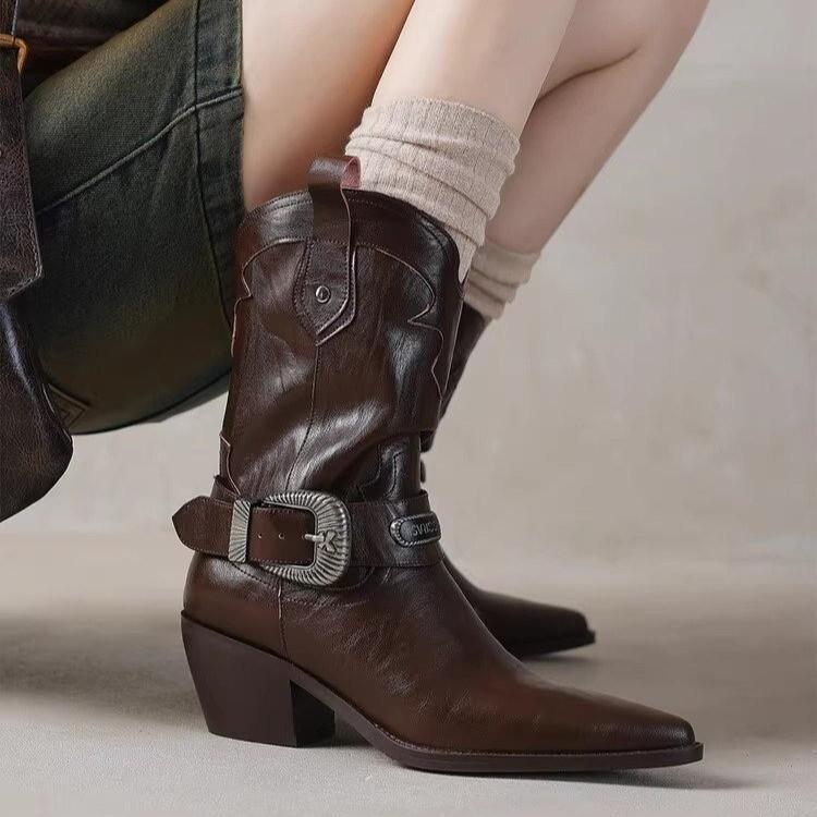 

Короткие сапоги в британском стиле, женские одинарные сапоги на весну и осень 2025 года, новые рыцарские сапоги на толстом каблуке, остроконечные сапоги в стиле ретро в стиле вестерн 40