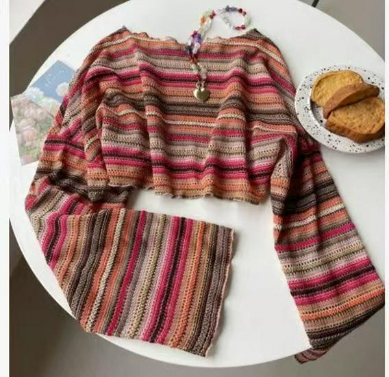 Women's Long Sleeve Round Neck Multicolor Striped Crop Top with Hollow Design
