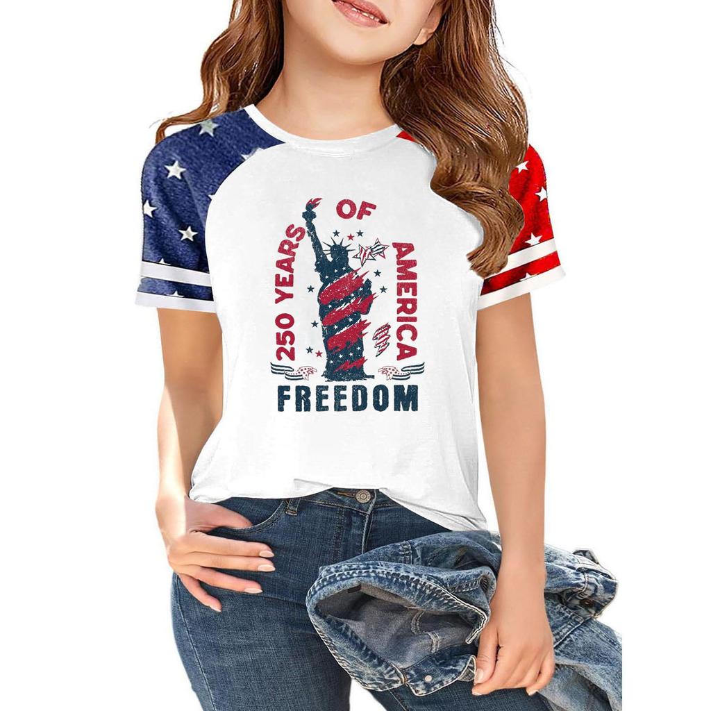 Kids Independence Day Print Crew Neck Short Sleeve Casual T Shirt Lightweight Comfortable Summer Tee Top for Boys Girls
