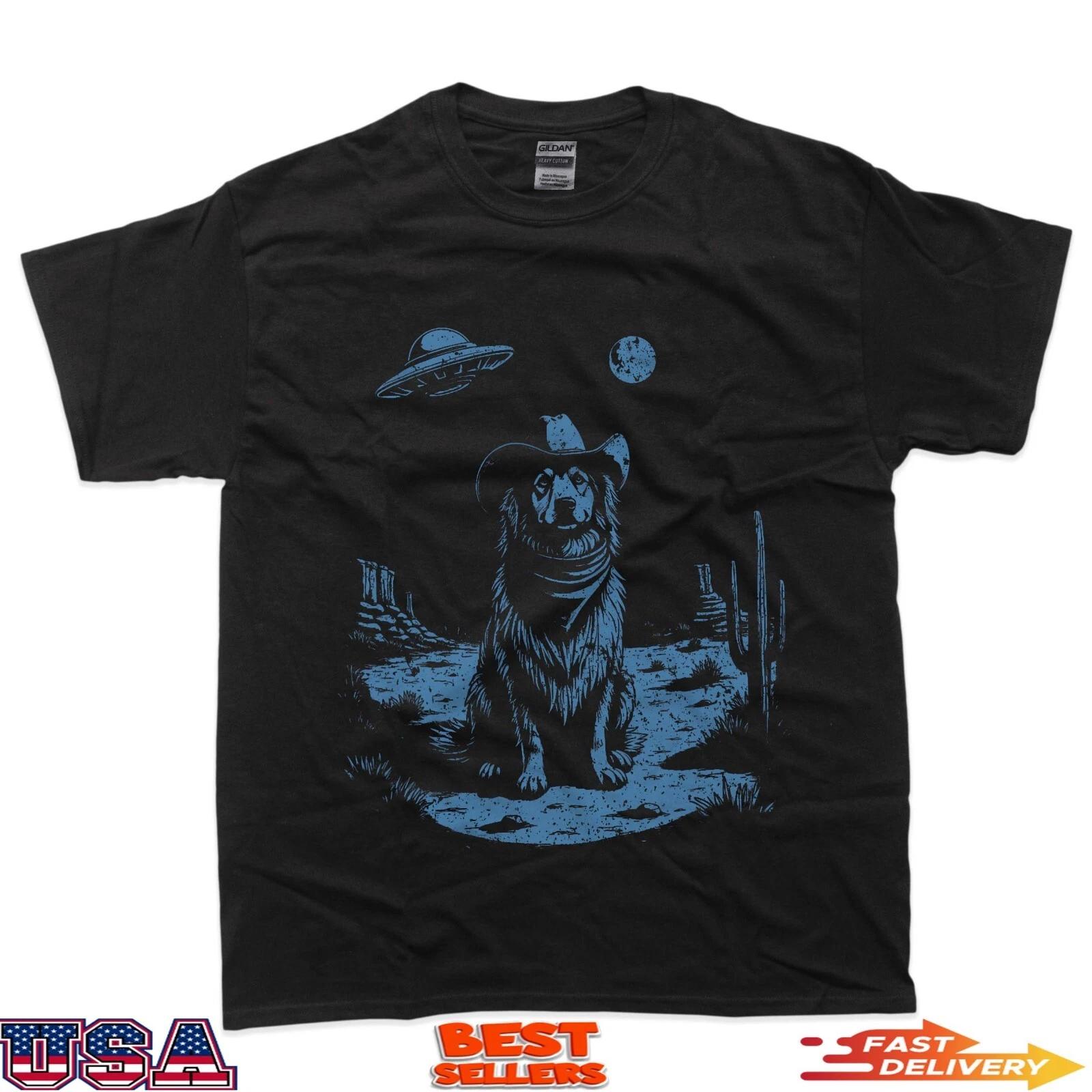 Dog Australian Shepherd Aussie Vintage UFO Western Cowboy T-Shirt S