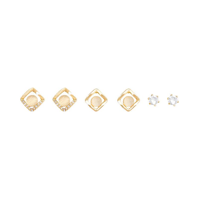 Exquisite versatile zircon opal three-pair stud earrings women's light luxury small temperament set earrings ear jewelry