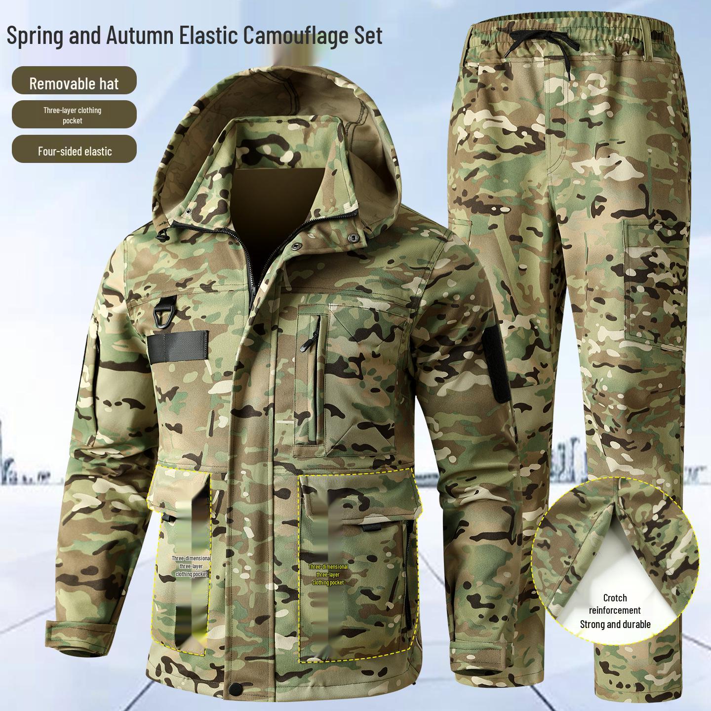 

Unisex Camouflage Windproof Workwear Set: Four-Way Stretch, Wear-Resistant, Hooded, for Spring and Autumn Outdoor Use 175