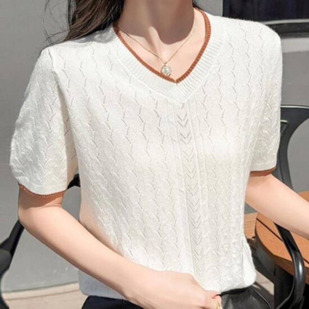NaVaVa Women SofT V Neck Color Block ShorT sleeVe KniT T Nk2924