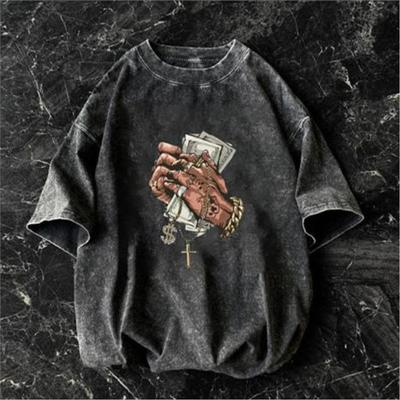 Vintage Washed Money Hand Graphic Oversized T-Shirt Retro Distressed Hip Hop Short Sleeve Tee Y2K Streetwear Top for Men Women