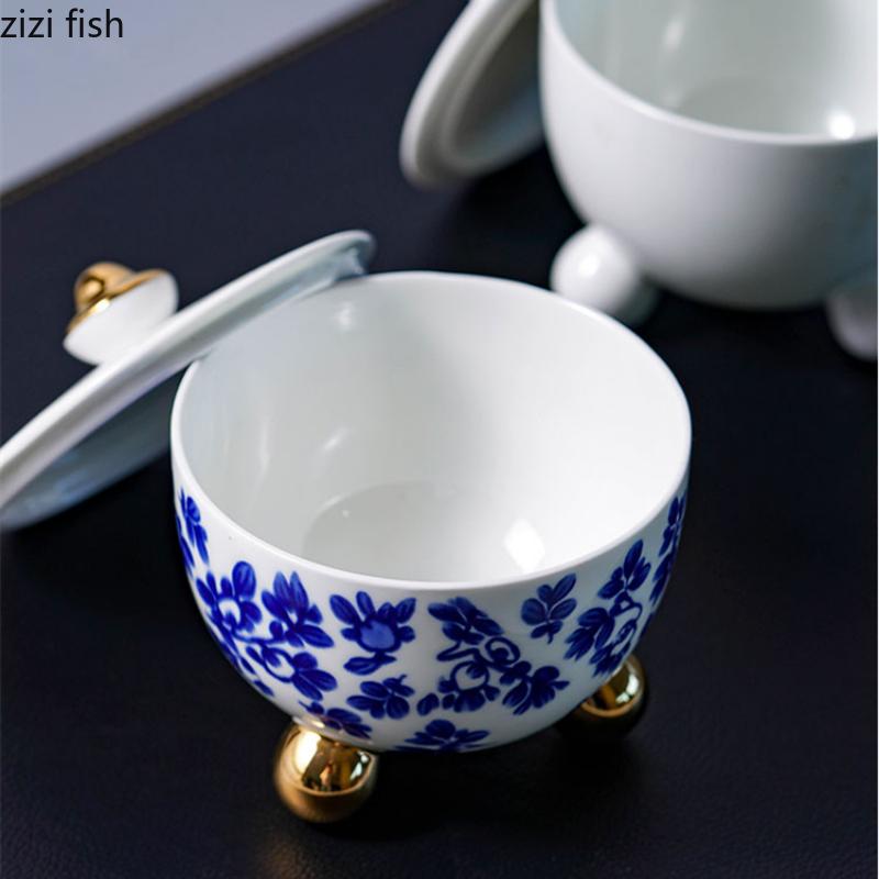 Blue and White Three-legged Ceramic Bowl with Cover Soup Bowl Dessert Bowls Serving Plate Dinner Plates Fruit Plate Salad Bowls