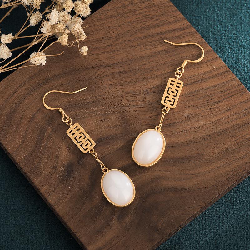 Double Happiness White Jade Earrings - Palace Design for a Slimming Round Face Look