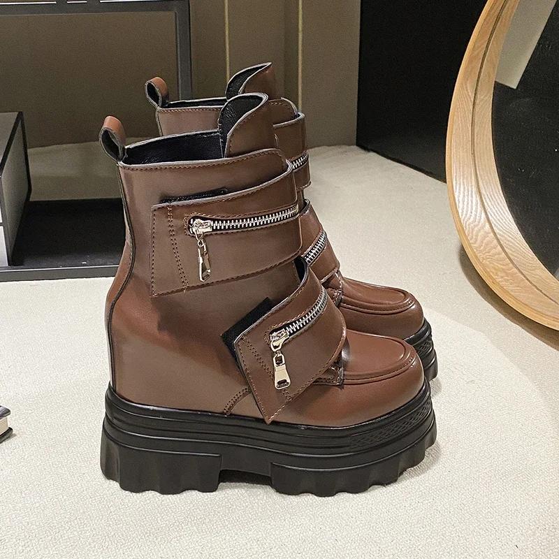 Fashion Women's Leather Ankle Boots Autumn Winter 11CM Heels Sneakers Round Toe Short Boots Woman Zip Motorcycle Platform Botas 2024