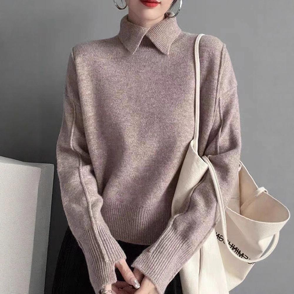 Solid-color Sweater Women Loose Long-sleeved Pullover with Lapel Paired with Turtleneck Loose Knitted Base Layer Top
