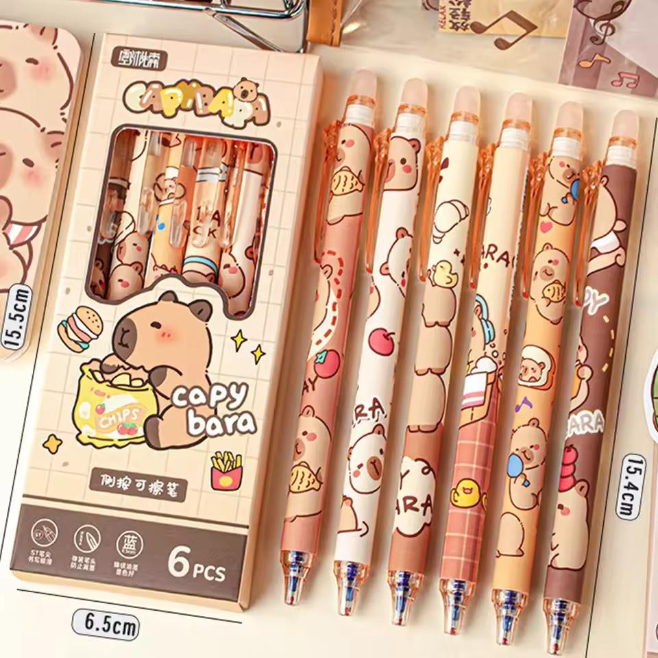 

Capybara Erasable Pens 6pcs Refillable Ink Gel Pen Smudge-Free Cute Animal School Supplies for Students Office Stationery Gifts
