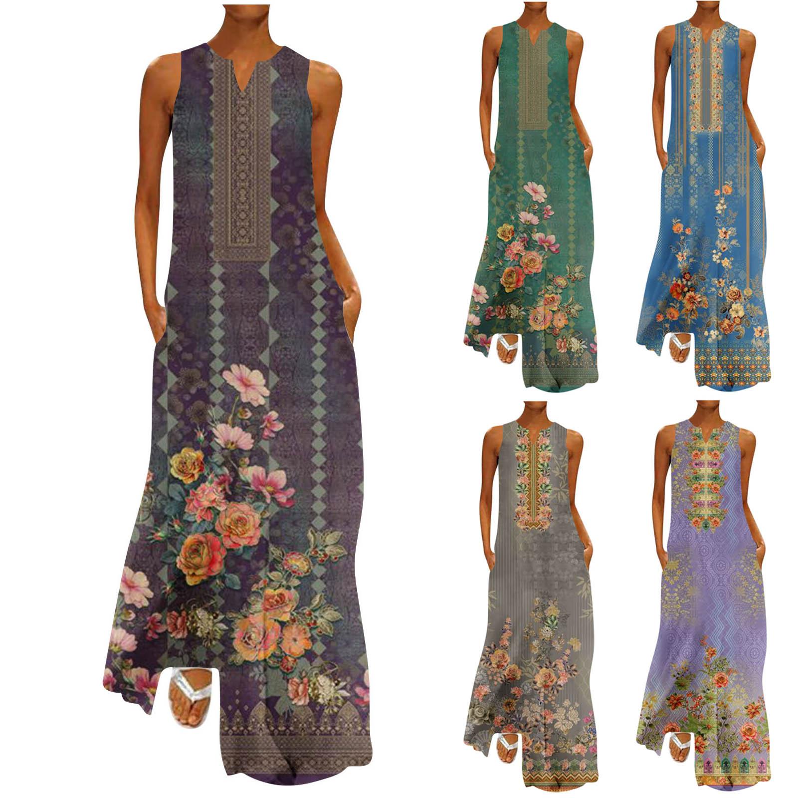 

Женская летняя мода Печатный V-образный вырез Без рукавов Пуловер Карманное платье