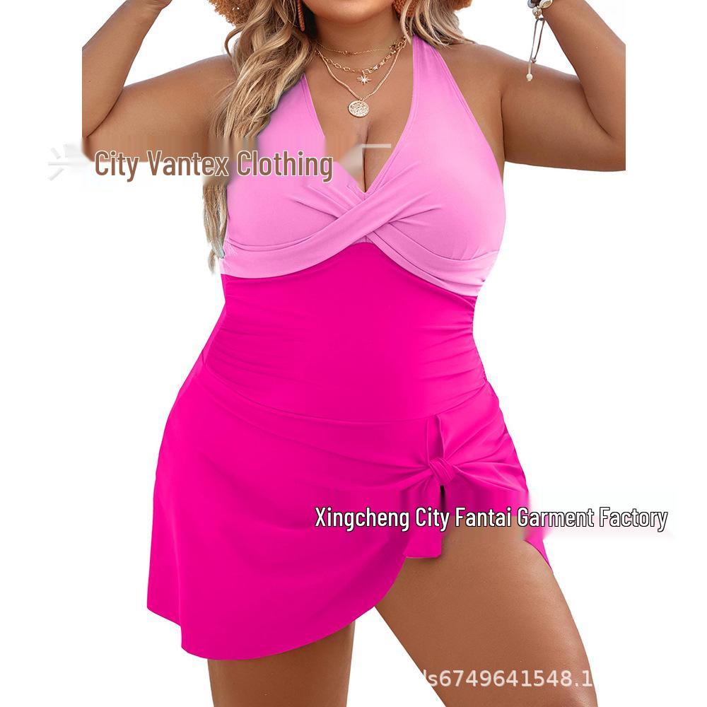 2024 Plus Size European & American Solid Color Tankini Skirt Swimsuit with Drawstring - Conservative Style