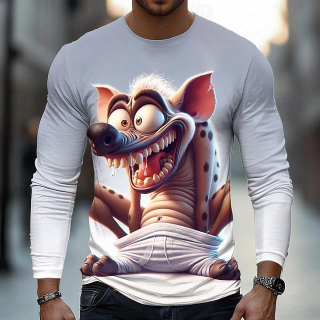 Spring and Autumn Round Neck 3D Cartoon Hyena Graphic Printed Top Fashionable Casual Long Sleeved Men's T-shirts