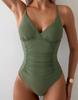 Damen Badeanzug Einfarbig V-Ausschnitt Plissee Slim Einteiliger Badeanzug Bikini Anzug Strandbekleidung Badeanzüge