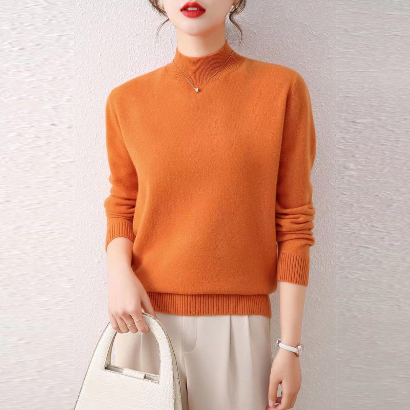 Women's Autumn/Winter Wool Sweater - Half-High Round Neck, Warm Knit Pullover, Ideal Base Layer