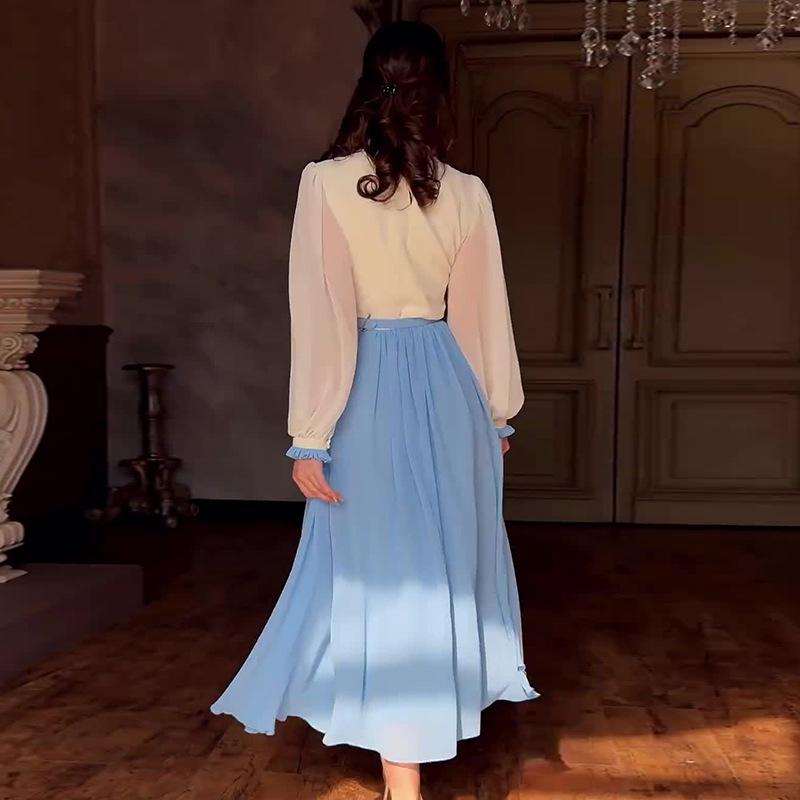 Rochie Lungă Elegantă cu Blocuri de Culoare pentru Femei Europene și Americane, Toamna 2024