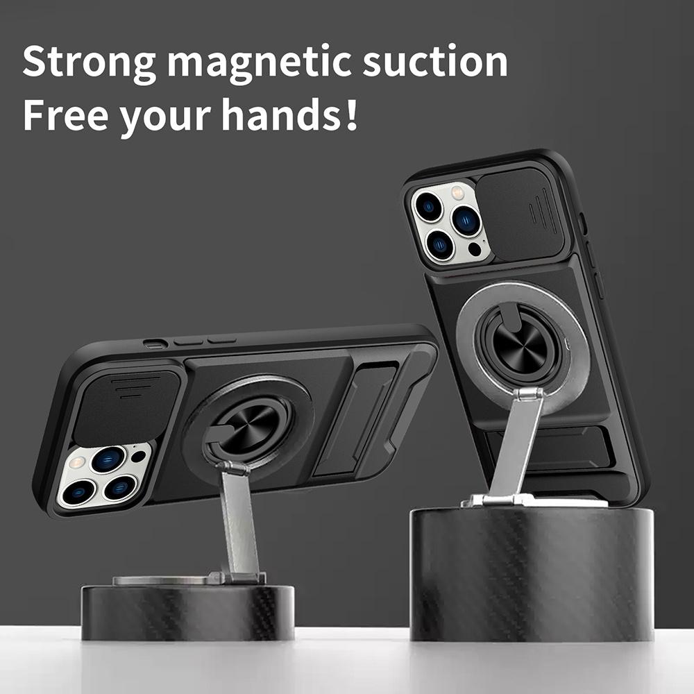 For iPhone 13 Pro Case Compatible with MagSafe Ring Holder Foldable Kickstand TPU PC Phone Cover with Camera Lens Slider