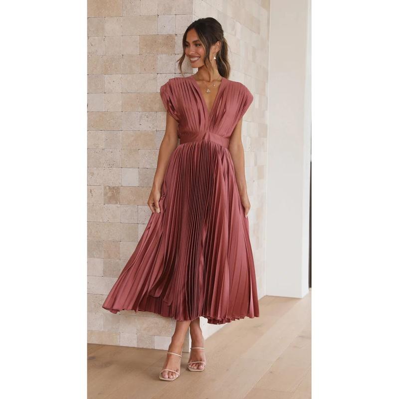 Women's Pleated Midi Dress Sleeveless V Neck Fit and Flare Elegant Party Dress