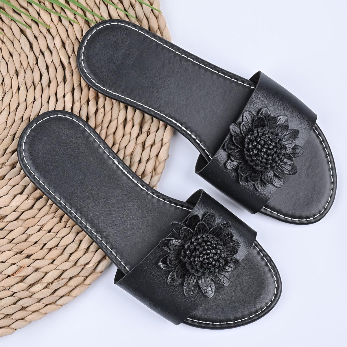 

Летние шлепанцы с открытым носком на плоской подошве большого размера с цветком и рыбьим носком, пляжные шлепанцы на одной перемычке 43 чёрный