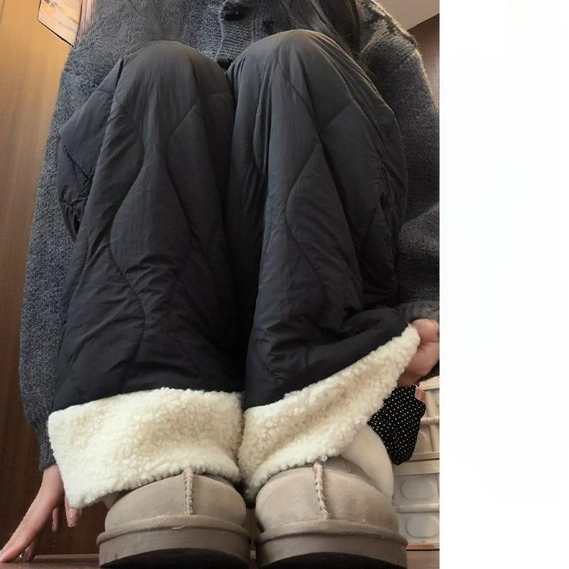 Pink Polar Fleece Cotton Pants Ladies's Fall and Winter Casual Warmth Plus Velvet Pants Stitching Plush Wide-leg Pants