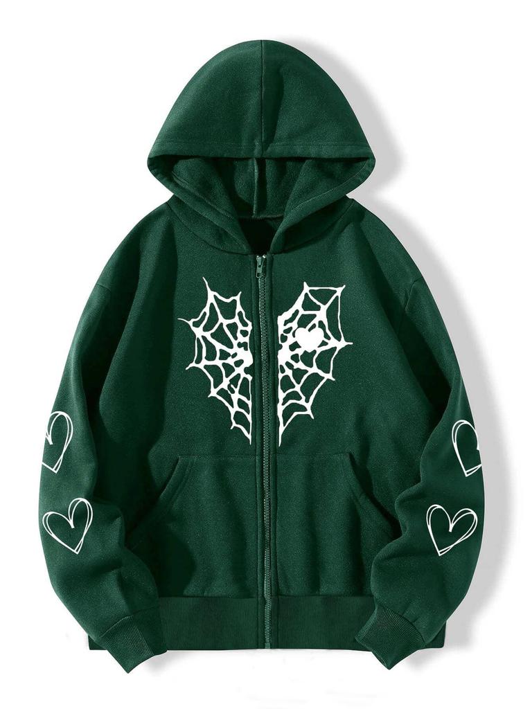 Spider Web Heart Print Fleece-Lined Zipper Hoodie for Men and Women - Autumn/Winter Collection.
