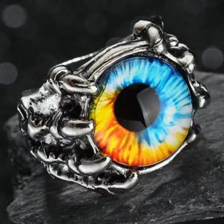 Unisex Retro Punk Dragon & Eagle Claw Ring with Openable Demon Eye