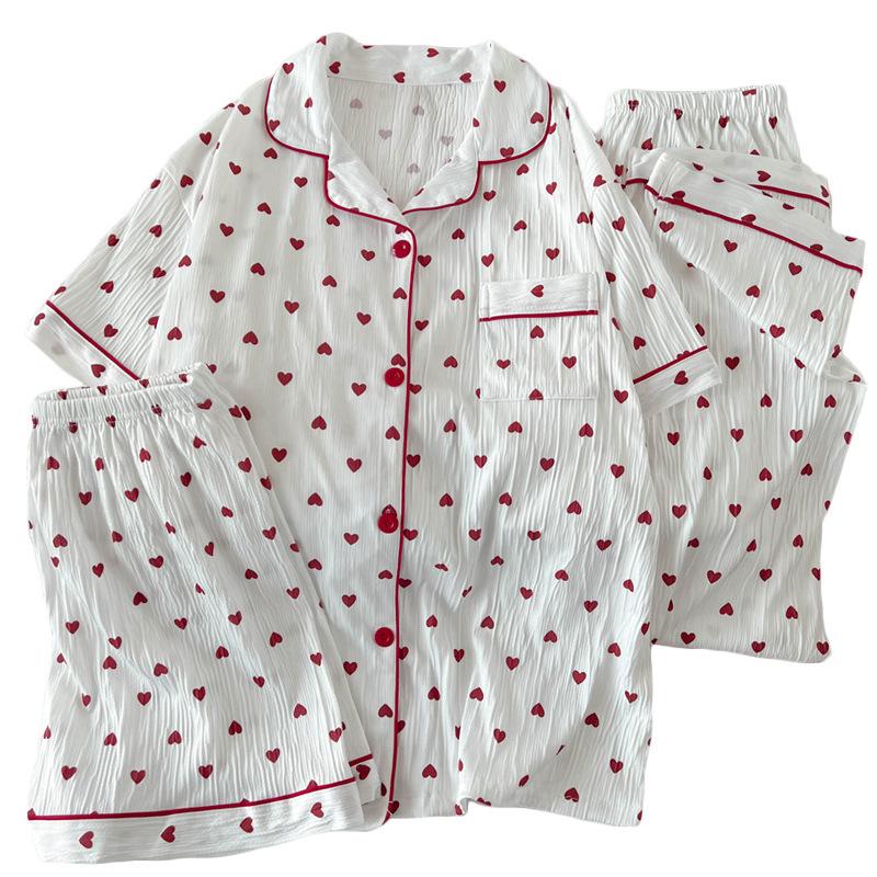 Women's Summer High-Quality Crinkle Fabric Heart Pajama Set - Short Sleeve Three-Piece Loungewear for Indoors or Outdoors