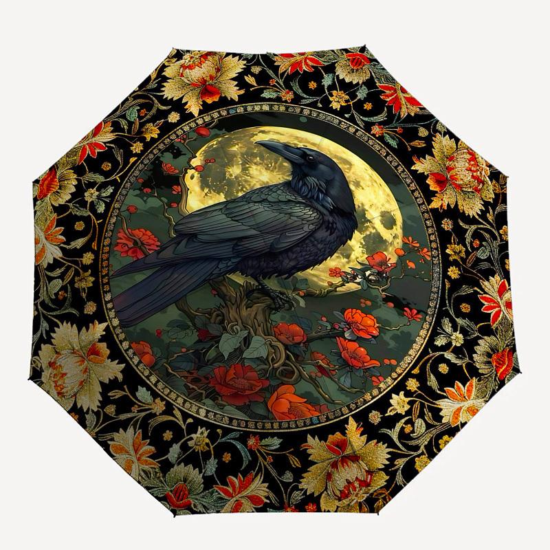 Moon RavenThemed Automatic Opening and Closing Umbrella 8 Ribs, Suitable for Leisure and Going Out, Outdoor Accessory, Gothic Style, Fashi