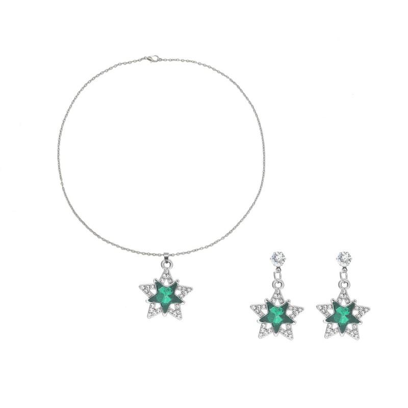 Elegant Rhinestone Star Pendant Necklace Earring Set Women Minimalist Fashion Jewelry Winter Sweater Outfits Green