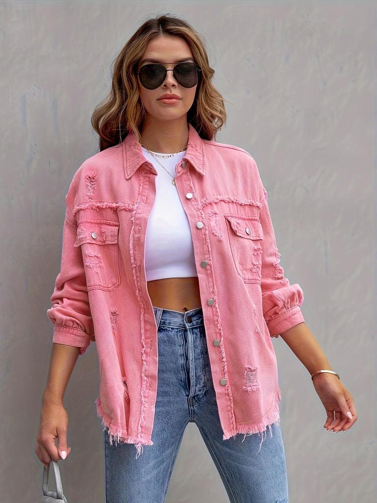 Women's Solid Color Ripped Denim Shirt - Long Sleeve, Loose Fit Bestseller