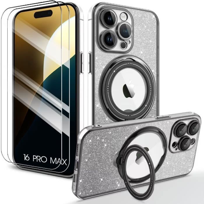 Coque de protection - BOOLING - pour iPhone 16 Pro Max - Silicone Antichoc - Support Magnétique - Paillette Noir