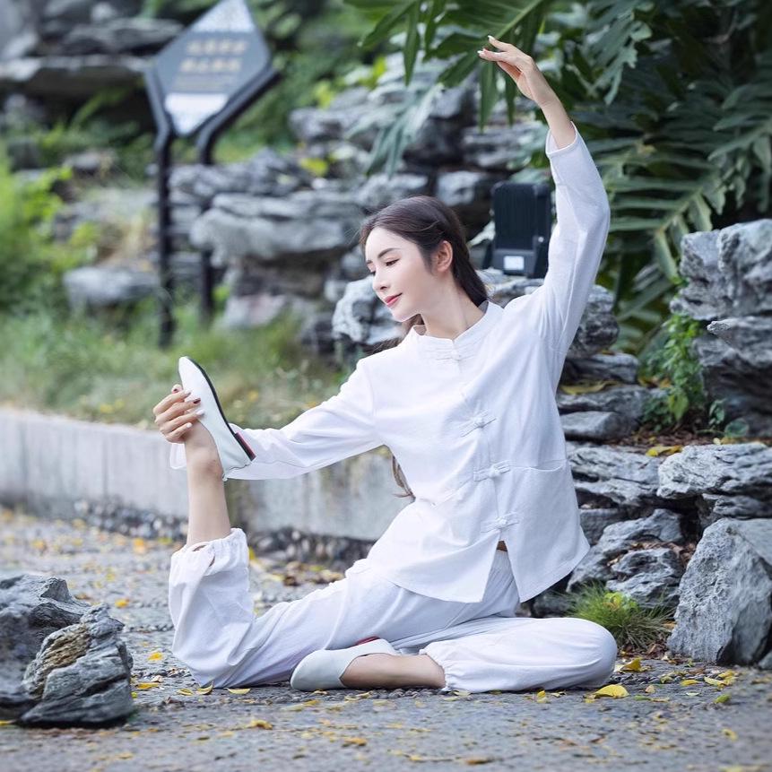 

Женский весенне-осенний костюм в китайском стиле для йоги и тай-чи из хлопка и льна в стиле дзен, состоящий из двух частей Large белый