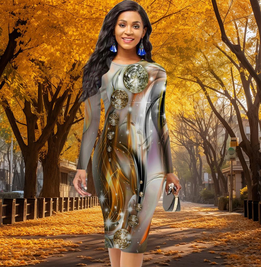 Long Sleeve Waist Tight Office Slim Fit Fashion Pearl Printing Elegant Bodycon Dress