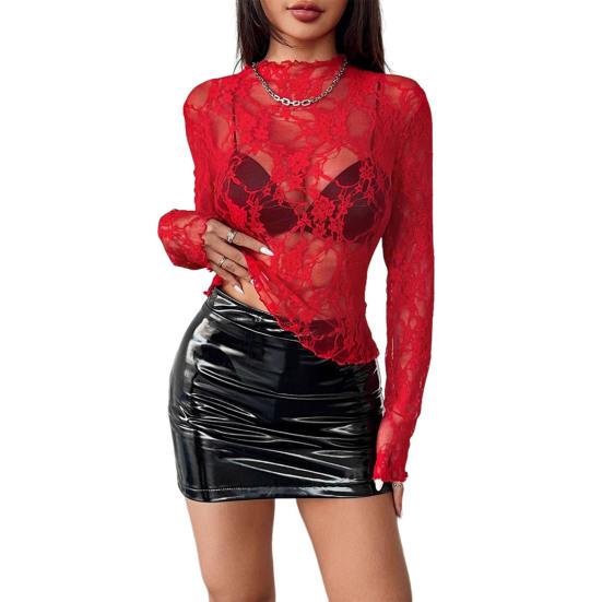Women Tops Half High Collar Long Sleeve Embroidery Lace Flower Pattern Blouse Perspective