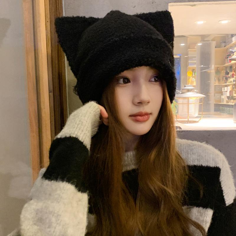 Cartoon sweet cute cat ears knitted hat women's autumn and winter warm ear protection love pullover hat
