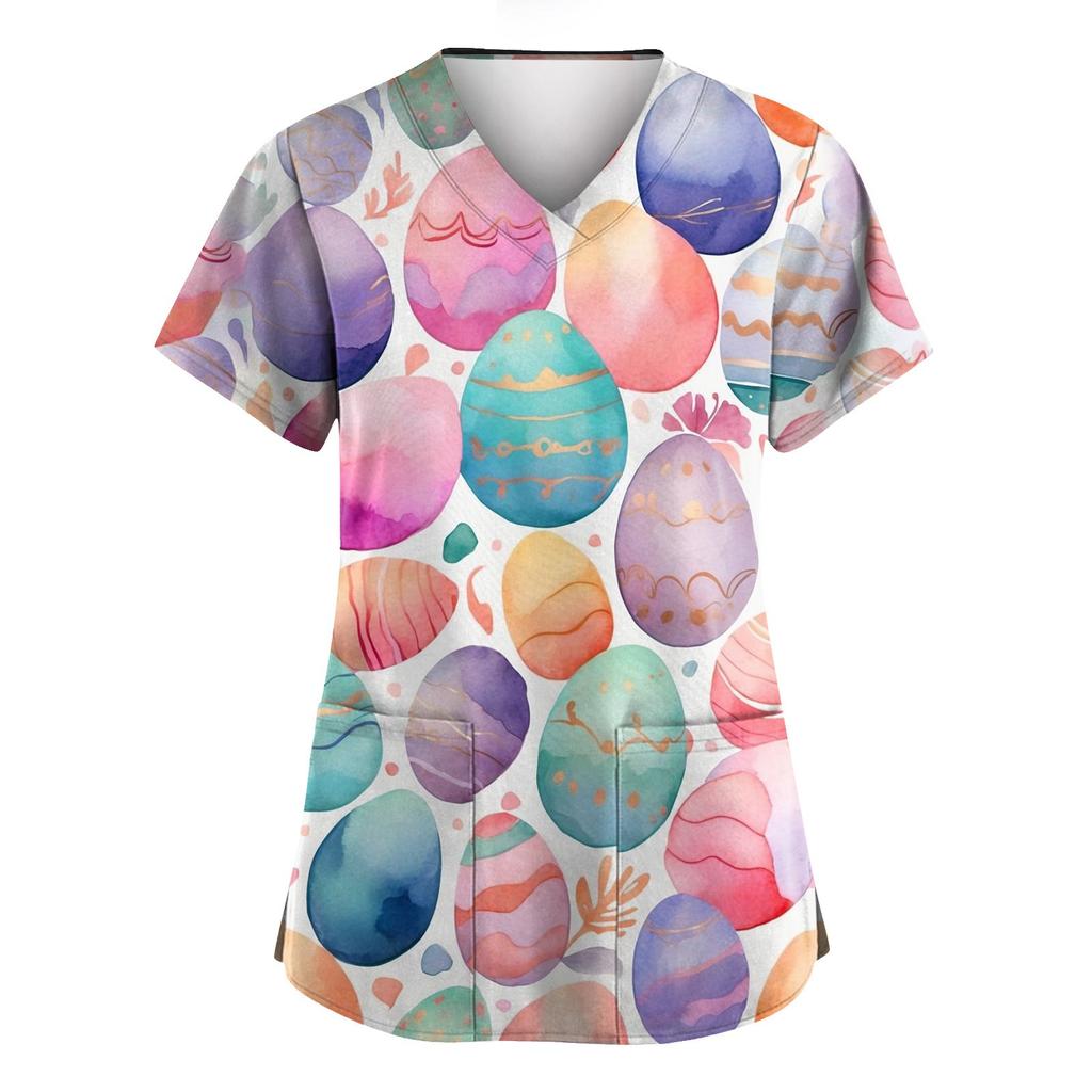 Women's Valentine's Day Printed Loose V-Neck Pocket Short Sleeve Uniform  Uniform