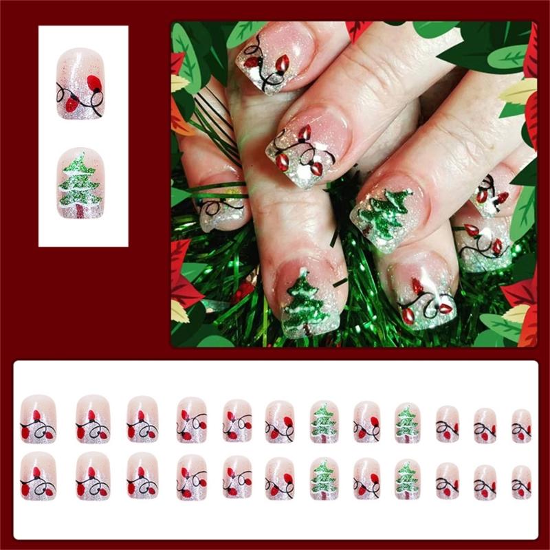 24 Pcs Christmas Press On Nails Short Square Full Cover False Nails Christmas Tree Artificial Nails Manicures Supplies