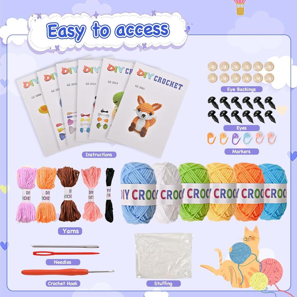Wunila 6Pcs Crochet Kit for Beginners, DIY Craft for Adults and Kids, Great Gifts for Crochet Lovers, Crocheting Animals Kits with Step by Step