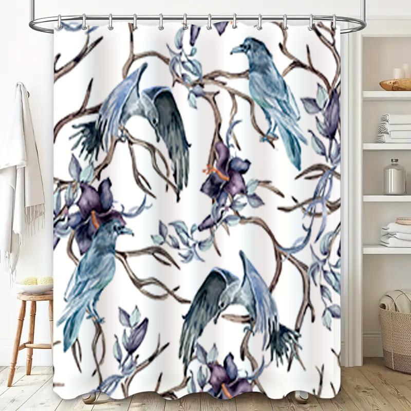 Modern Bathroom Decor Shower Curtain with Blue Birds Floral Pattern Waterproof Fabric for Home Decor Purple and White Flower Des