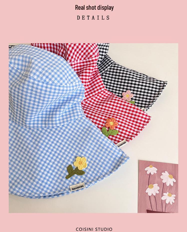 Women's Korean Checkered Wide Brim Fisherman Hat with Butterfly Tie for Summer Sun Protection