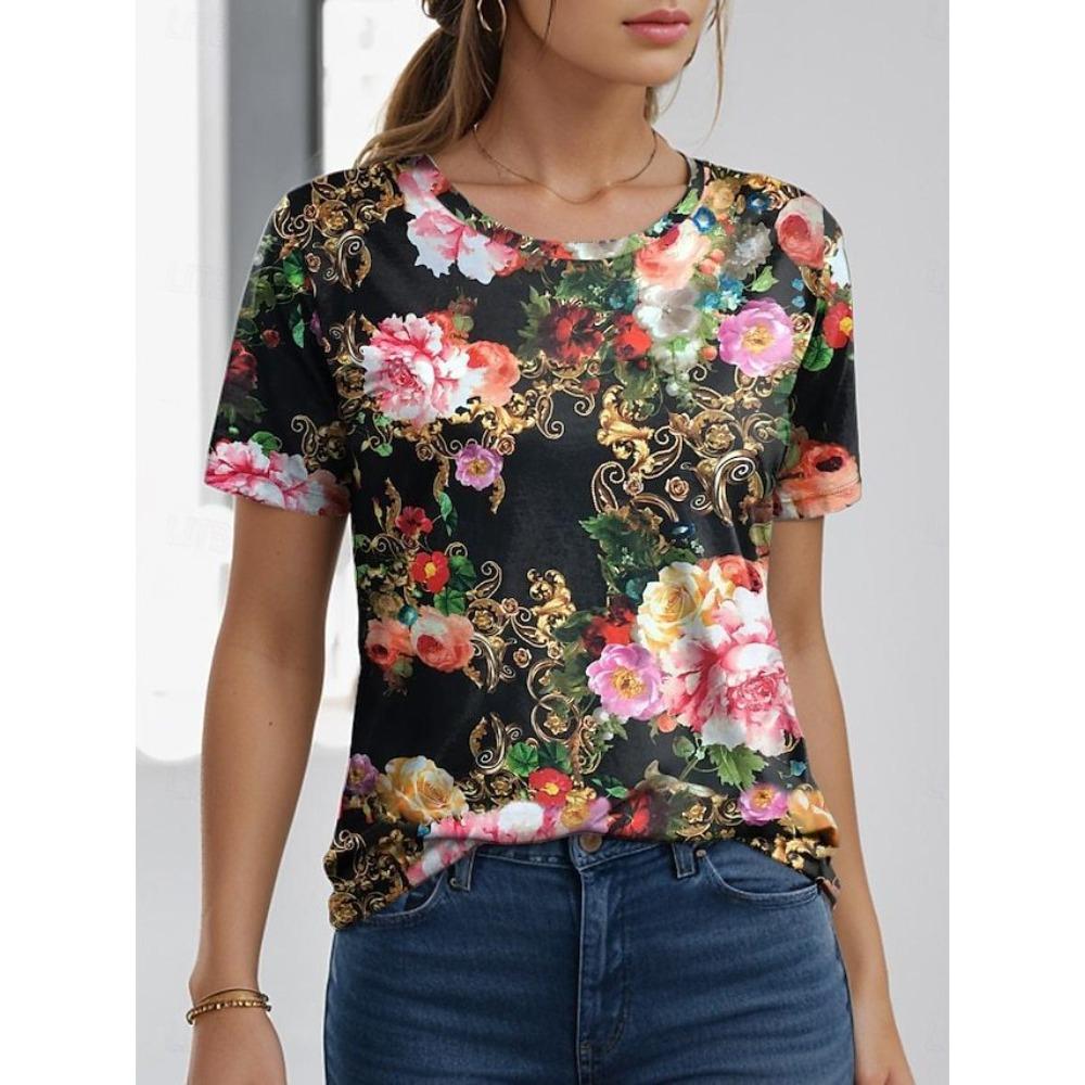 Camiseta de Verano para Mujer con Estampado 3D Cuello Redondo Moda Versátil Transpirable Tendencia Casual