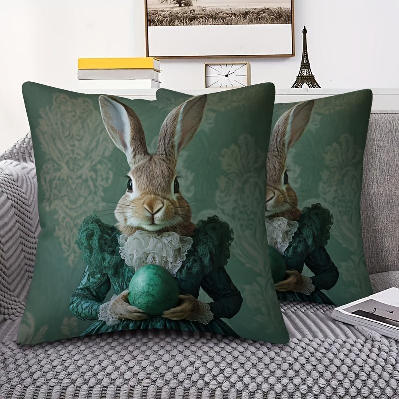 1Pc Easter Vintage Lady Rabbit Print Throw Pillow Cover,Suitable For Sofa,Bedroom,Living Room,A Retro Gift For Easter Lovers