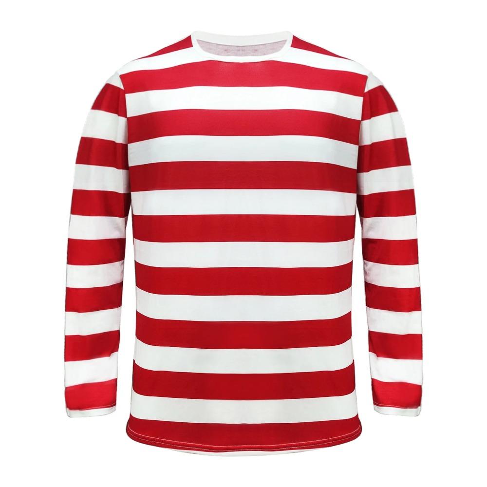 Anime Where is Wally Cosplay Costume Waldo Disguise Red White Striped Shirt Glasses for Kids Christmas Halloween Pary Clothes