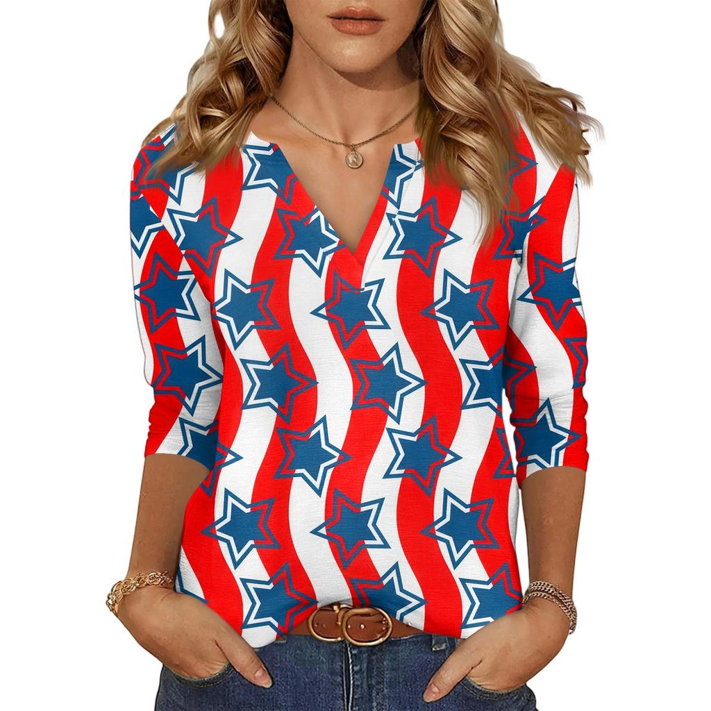 Women's Casual Fashion Sexy Comfortable V-Neck Independence Day Seven Sleeve Top