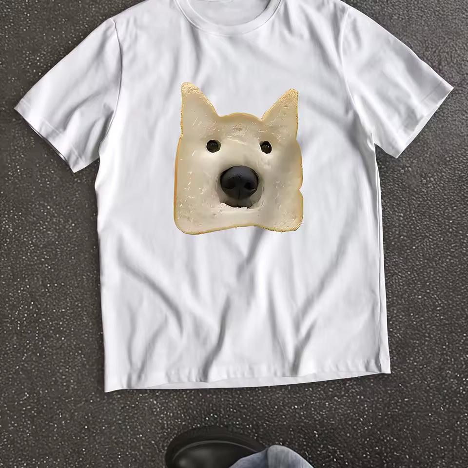 Bread Dog Pattern Printed Short Sleeved Round Neck T-shirt, Spring and Summer Casual Women's Top