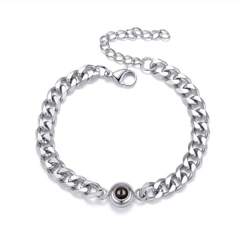 Custom 100 Languages 'I Love You' Projection Bracelet - Stainless Steel Cuban Chain Bangle for Men & Women