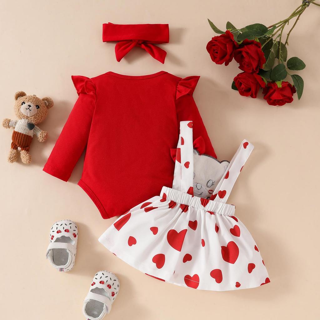 Autumn & Winter Baby Girl Bodysuit Set: Long Sleeve Red Romper, Bear Doll Overalls, Headband