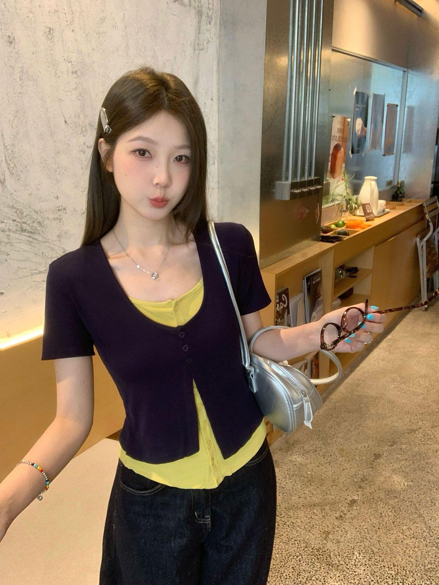 

Plus Size Summer Fake Two-Piece Color Block T-shirt: Waist Cinched Slimming Top L